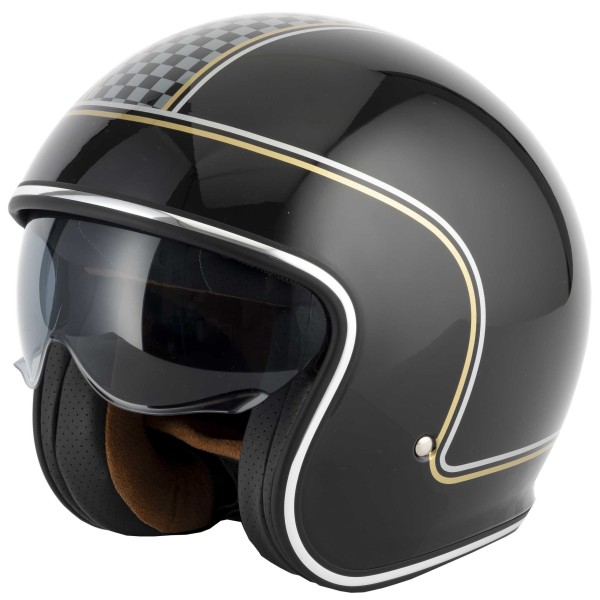 VCAN H589 Classic Chequer Gloss Black Open Face Classic Crash Helmet