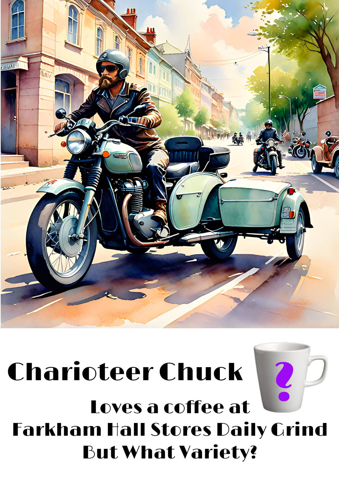 image of Farkham Hall and the Daily Grind Coffee Stop Window Posters Farkham Hall Poster, Charioteer Chuck